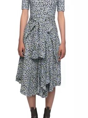 Maje Light Blue Floral Tiered Midi Skirt with Tie Waist